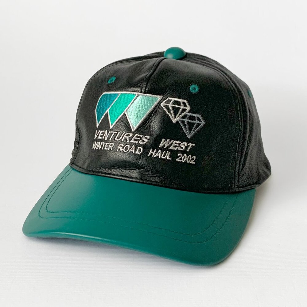 Vintage Leather Baseball Hat Cap Ventures West Diamond Black Green Streetwear